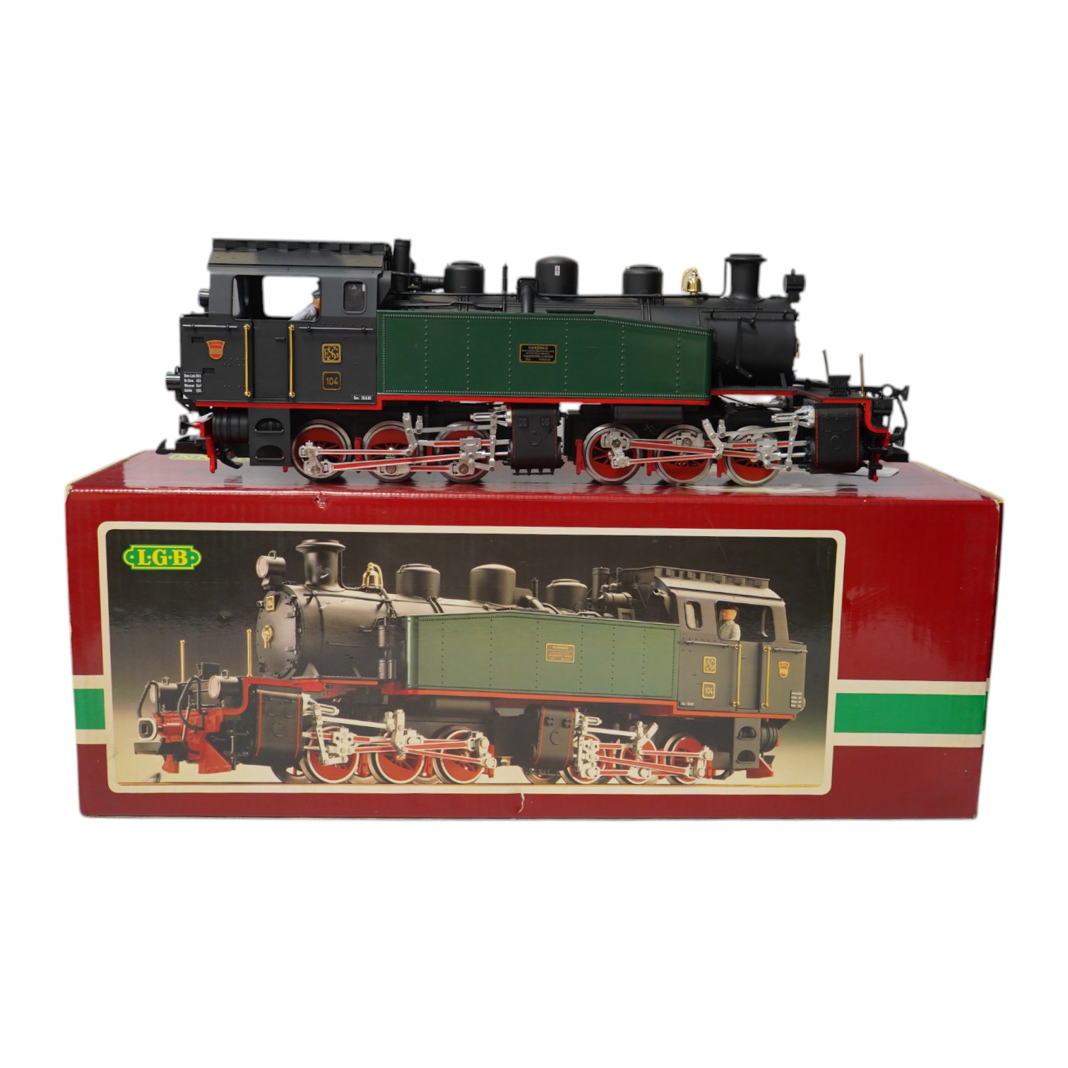 A boxed Lehman LGB (2085) G scale railway Mallet 0-6-6-0T locomotive, 104, in green livery. Condition - good, evidence of very minor running wear only.